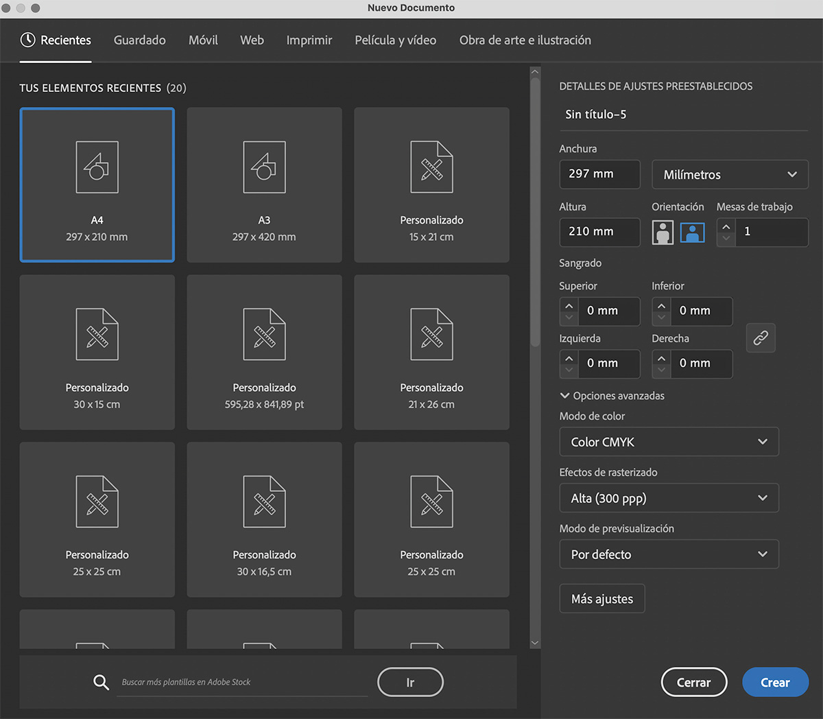 Nuevo documento en CMYK en Adobe Illustrator