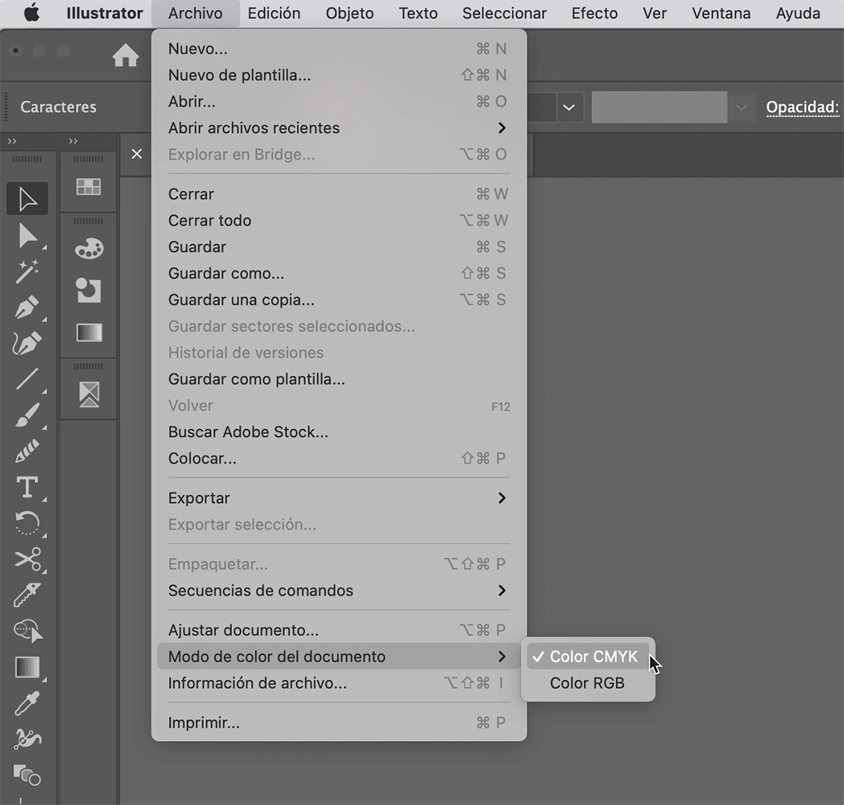 Cambiar modo de color a CMYK en Adobe Illustrator